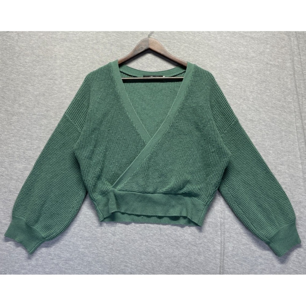 Pan's Back to Basics Waffle Knit Wrap Sweater Womens Medium Green Surplice Neck